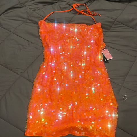 Size 10 Orange Sparkly New With Tags Pretty Little Thing Neon Orange Homecoming Dresses, Orange Sparkly Dress, Neon Hoco Dresses, Sparkly Orange Dress, Glitter Outfit Aesthetic, Y2k Stuff, Neon Orange Dress, Orange Homecoming Dresses, Orange Power