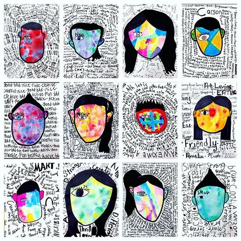 Abstract self portraits inspired by @tadcarpenter's cover art for Wonder. Fifth graders drew their face and hair. Traced with bold lines and colored the hair in like a silhouette. They spent two Class days exploring three different paint materials/techniques, and creating word lists and practice word clouds They explored @kwikstixpaint, #jackricheson neon tempera cakes, and wet-on-wet liquid watercolors with salt. They selected their own technique and design and painted their faces and ears. The Exploring Lines In Art, Self Portrait Abstract, Paint Materials, Word Clouds, Self Portrait Art, 4th Grade Art, 5th Grade Art, Ecole Art, Self Portraits