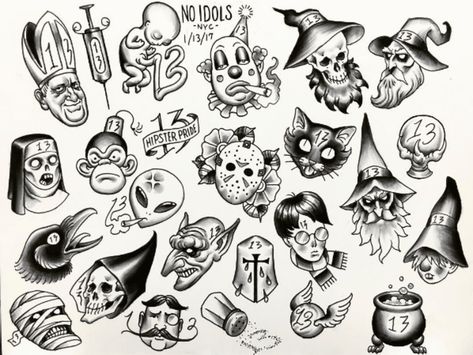 Friday The 13th Flash, Halloween Tattoo Flash, Friday The 13th Tattoo, 13 Tattoo, Catrina Tattoo, Flash Sheets, 13 Tattoos, Arte Doodle, Creepy Drawings