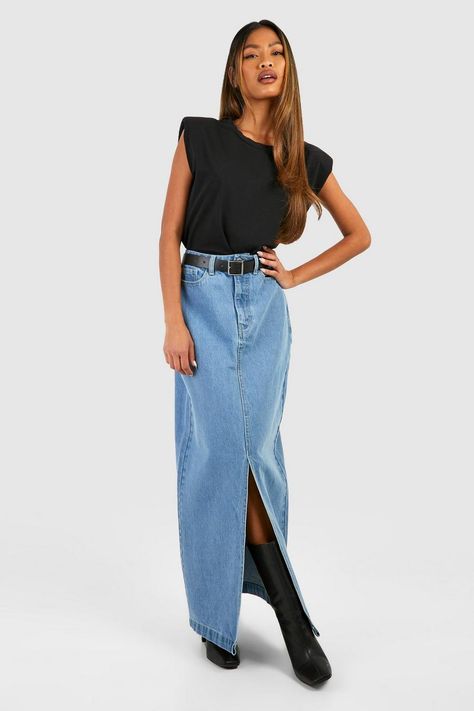 Split Front Denim Maxi Skirt | boohoo Long Jean Skirt Outfits, Denim Maxi Skirt Outfit, Maxi Jean Skirt, Denim Skirt Trend, Skirt Outfit Summer, Denim Skirt Fashion, Jean Skirt Outfits, Long Jean Skirt, Denim Skirt Outfits