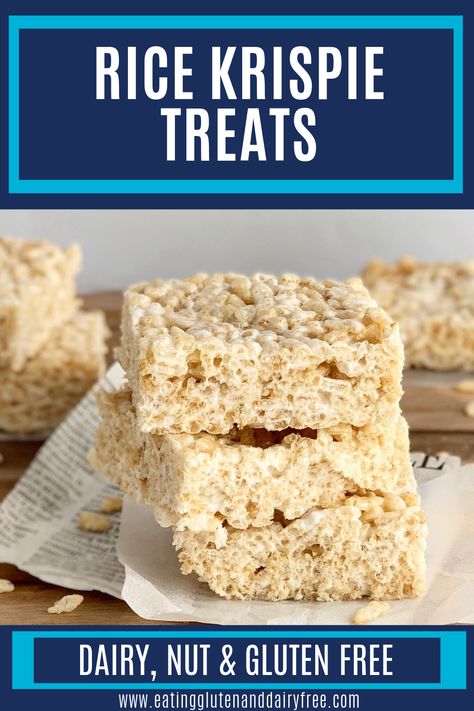 Gooey rice krispie treats perfect for your summer plans. These are 100% GF DF. #glutenfree #daiyrfree #BBQ #ricekrispie Dairy Free Rice Krispie Treats, Gluten Free Rice Krispie Treats, Nut Free Desserts, Nut Free Snacks, Dairy Free Treats, Krispie Treats Recipe, Kid Snacks, Nut Free Recipes, Krispy Treats