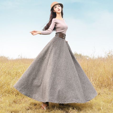 Free Shipping 2018 Boshow New Winter Vintage Woolen Long Maxi High waist Bandage A line Plaid Big Hem Skirts With Pockets S L-in Skirts from Women's Clothing & Accessories on Aliexpress.com | Alibaba Group Designers Outfit, Mode Tartan, Winter Vintage, Rock Outfit, Modest Dress, Skirt Maxi, Langer Rock, Autumn Dress, Vintage Mode