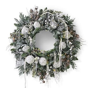 Winter Wonderland Wreath, $199; frontgate.com - ELLEDecor.com Bauble Wreaths, Winter Wonderland Wreath, Pre Lit Christmas Wreaths, Summer Burlap Wreath, Christmas Wreath Decor, Pre Lit Wreath, Decorated Wreaths, Silver Christmas Decorations, Artificial Christmas Wreaths