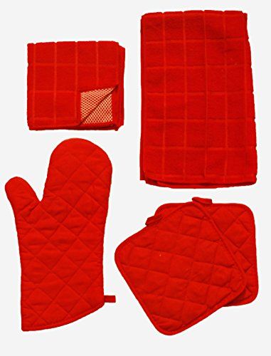 Oven Mitt Set  Quilted Oven Mitt 2 Pot Holders 1 Kitchen Towel 2 Microfiber Scrubbers  Quilted Pattern Mitten and Pot Holders  Heat Resistant Insulated Glove  Cute Christmas Gift  Hanging Hook Loop ** Be sure to check out this awesome product. Red Kitchen Appliances, Cute Oven Mitts, Must Have Kitchen Items, Oven Mitts Kawaii, Red Kitchen Accessories, Oven Mitts Target, Red Pots And Pans, Red Kitchen Towels, Apple Kitchen Decor