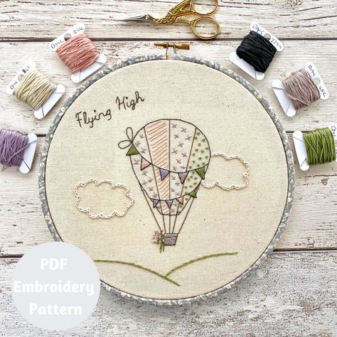 Digital Patterns Hot Air Balloon Embroidery Pattern, Hot Air Balloon Embroidery, Air Balloon Embroidery, Balloon Embroidery, Baby Remembrance, Embroidery Sampler, Remembrance Gifts, Sewing Blogs, Modern Embroidery