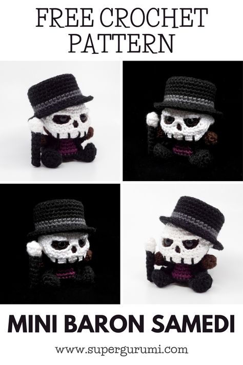 Free Crochet Pattern for the Mini Baron Samedi by Supergurumi. This is the perfect crochet pattern for DIY Halloween fun. Visit Supergurumi for more Halloween crochet patterns. #amigurumi #crochet #crochetpattern #baronsamedi #halloween Mummy Crochet Free Pattern, Crochet Zombie Pattern Free, October Crochet, Alt Crochet, Horror Crochet, Crochet Zombie, Crochet Skull Patterns, Baron Samedi, Mini Amigurumi