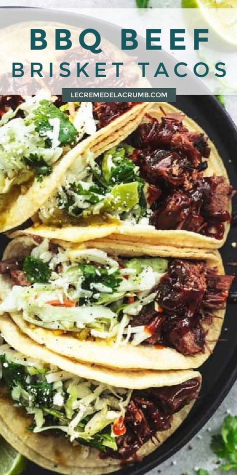 Brisket Mexican Recipes, Recipes With Beef Brisket, Ways To Eat Brisket, Braised Brisket Tacos, Instapot Brisket Tacos, Brisket Street Tacos Recipe, Sauce For Brisket Tacos, Bbq Tacos Pork, Tri Tip Tacos Leftover