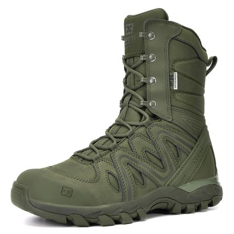 PRICES MAY VARY. Durable leather and abrasion-resistant fabric upper, DRY-X military class membrane waterproof and moisture-wicking mesh lining Padded tongue and collar, Protective, welded TPU quarter overlays, heel pull loop, rustproof hardware and speed laces Protective molding toe cap, compression-molded EVA midsole and aggressive rubber outsole Cushion Plus high rebound PU footbed for Dynamic arch support and underfoot cushioned comfort TPU sole-stabilizing technology and lightweight nylon a Futuristic Tactical Gear, Tactical Boots Outfit, Green Combat Boots, Cool Tactical Gear, Spidersona Ideas, Combat Boots Men, Camo Shoes, Tactical Shoes, Army Boots