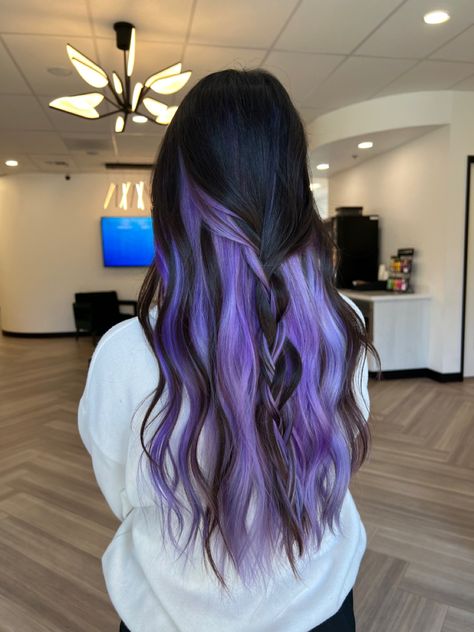 Purple underneath color. Hair inspo 2023 Hair Change Ideas For Brunettes, Dark Brown With Peekaboo Color, Hairdye Ideas Brown Hair, Dark Hair With Vivid Peekaboo, Half Purple Half Black Hair Under, Blue And Purple Underneath Hair, Purple For Brown Hair, Brown Hair With Peak A Boo Color, Brunette With Underneath Color