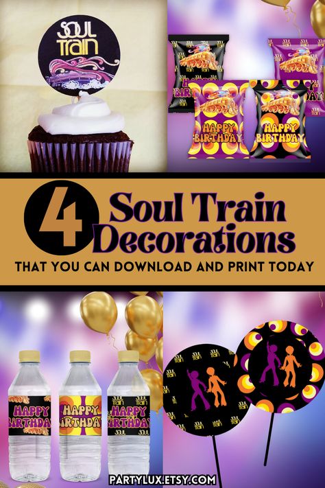 Get down and boogie at your next party with our Soul Train themed printable party decorations! These funky and stylish decorations are perfect for any occasion. From birthdays to weddings, our printable designs will have your guests grooving all night long. Soul Train Party Soul Train Party Ideas Soul Train Party Favors Soul Train Themed Party Centerpieces, Motown Themed Party Ideas, Soul Train Invitations, Soul Train Scramble Board Diy, Train Party Theme, Soul Train Party Decorations, 70’s Theme Party, Train Party Ideas, Soul Train Themed Party