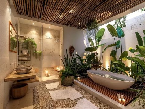 Bali Inspired Home, Canggu Villa, Bali Jungle, Bali Luxury Villas, Bali Luxury, Bali Style Home, Indoor Outdoor Bathroom, Spa Interior Design, Bali House