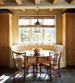 Round Banquette Seating | half-circle banquette between pantry cabinets, under a window. A ... Booth Seating Dining Room, Round Banquette Seating, Curved Banquette Seating, Curved Banquette, Dining Booth, Kitchen Banquette, Kitchen Seating, Booth Seating, Built In Seating