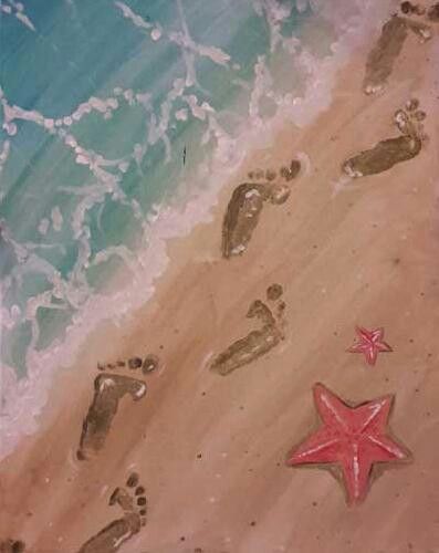 Footprints in sand Drawing In The Sand, Boston Pizza, Starfish Painting, Sand Drawing, Wine And Canvas, Crab Shack, Paint Nite, Sand Painting, Summer Painting