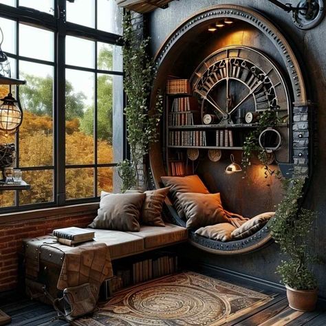 Steampunk Room Ideas, Steampunk House Interiors, Steam Punk Room, Greenhouse Library, Steampunk Interior Design, Steampunk Rooms, Steampunk Bedroom, Hidden Library, Steampunk Interior