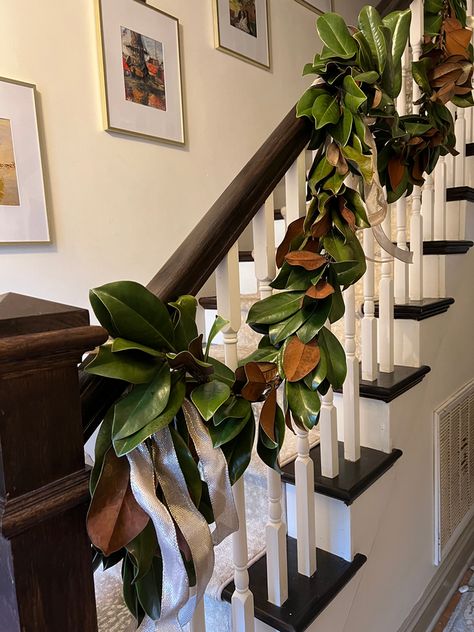 Magnolia And Pine Garland, Making Magnolia Garland, Magnolia Christmas Garland, Diy Magnolia Garland, Festive Staircase, Old Money Tiktok, Magnolia Leaves Christmas, Magnolia Christmas Decor, Money Tiktok