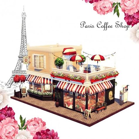 Agathea-k: Paris Coffee Shop Cute Bakery Exterior Design, Retro Building Illustration, Sims Cafe Layout, 3d Shop Design, Cute Restaurant Exterior, Bloxburg Resturant Ideas, Sims 4 Cafe Layout, Sims4 Bakery, Dinkum Ideas