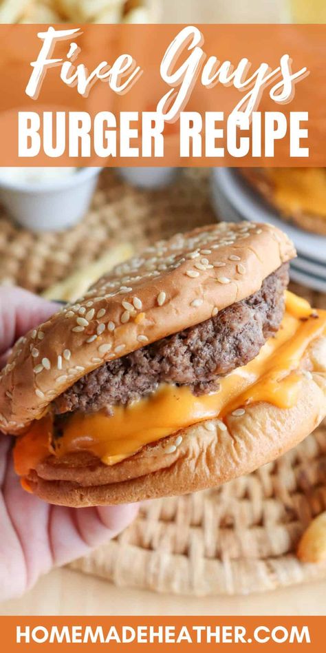 Indulge in the ultimate homemade Five Guys burgers with this copycat recipe. Juicy, flavorful, and topped with melty cheese - a taste bud triumph! Best Cheese Burger Recipe, Copycat 5 Guys Burger, Hardee's Frisco Burger Recipe, The Best Burger Recipe, Juicy Burgers On The Stove, Cheese Burgers Recipes, Best Burgers Recipes, Homemade Cheese Burgers, Home Made Burgers Recipe