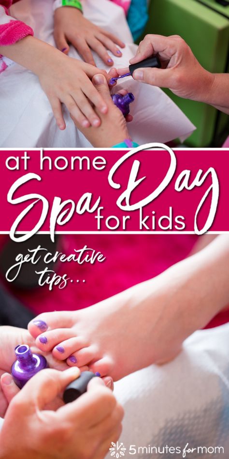 Kids LOVE to play spa. Pretending to pamper and be pampered at a spa is a fun at home activity for kids. These creative tips and fun ideas will help make your at-home spa day extra special. #spaday #kidsactivities #athome #familyfun #KidsSpaDay Mother Daughter Spa Night, Activity Days Spa Night, Mini Spa Day At Home, Diy Face Mask For Kids Spa Party, Mom And Daughter Spa Day At Home, Mom And Daughter Spa Night At Home, At Home Spa Day Ideas Birthday Parties, Diy Spa Day At Home Kids, At Home Spa Day For Kids