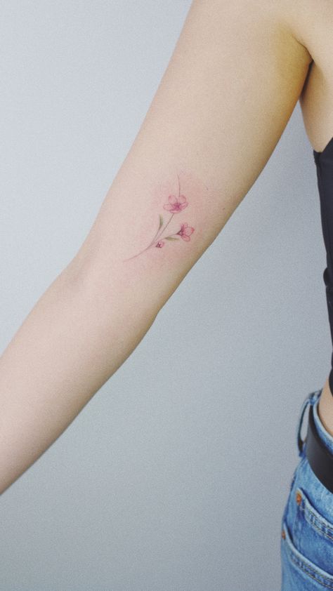 Tattoo Cherry Blossom Tree, Desire Tattoo, Sakura Flower Tattoo, Delicate Flower Tattoo, Soft Tattoo, Stick Tattoo, Sakura Tattoo, Small Girly Tattoos, Korean Tattoos