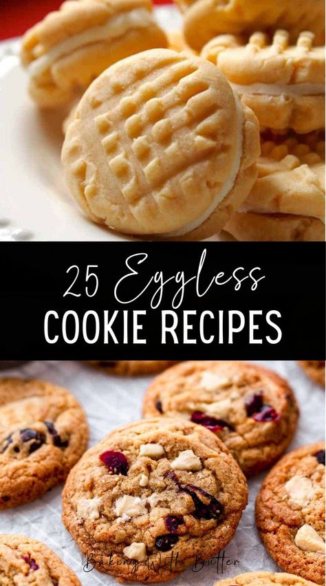 A selection of 25 delicious eggless cookie recipes, so there is something for everyone! Whether you’ve run out of eggs or are baking eggless cookies for someone with egg allergies. Here are 25 delicious eggless cookie recipe ideas to choose from! Healthy Cookies No Eggs, Egg Replacement In Baking Cookies, Eggless Cookie Recipes Baking, Eggless Healthy Cookies, Eggless Thumbprint Cookies, No Egg Cookies Recipes, Eggless Biscuits Recipe, Eggless Cookies Recipes Egg Free, Oatmeal Cookies Without Eggs