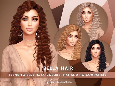 Bella Hair NOW FREE | Patreon Blender Hair, Ringlets Hair, Cc Patreon, Mod Hair, Pelo Sims, Bella Hair, Tumblr Sims 4, Sims 4 Teen, Sims 4 Toddler