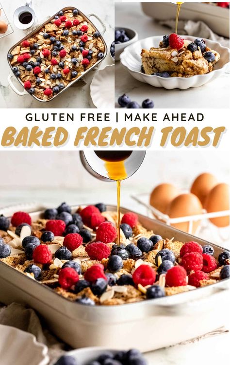 This crowd-pleasing make-ahead Gluten Free French Toast Casserole is easy to assemble, then baked to sweet and savory perfection just before serving. Make Ahead Gf Breakfast, Best Gluten Free Brunch Recipes, Gluten Free Dairy Free French Toast Bake, Gluten Free Breakfast Potluck, Breakfast Casserole Gluten Free Dairy Free, Breakfast Bake Dairy Free, Gf Df French Toast Casserole, Dairy Free Gluten Free Brunch, Gluten Free Christmas Breakfast Casserole