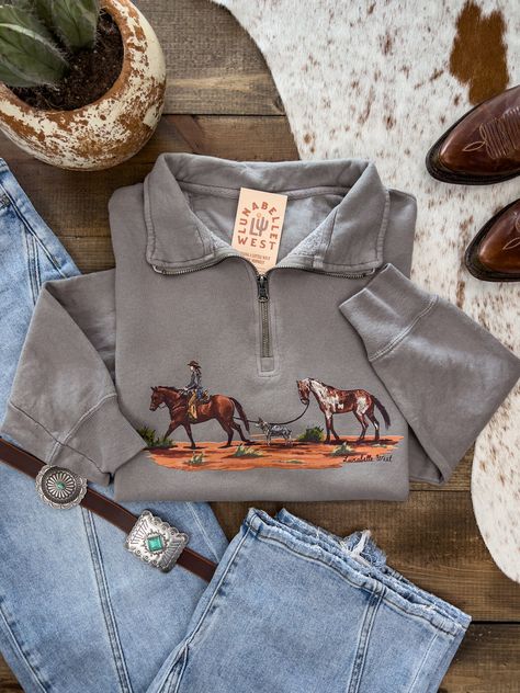 The Wild One Quarter Zip – Lunabelle West Western Women Tshirts, Western Quarter Zip, Simple Cowgirl Outfits Casual, Hippy Cowgirl Style, Country Outfit Inspo Women, Cute Period Outfit, Cute Country Fits, Trendy Western Outfits For Women, Cute Western Outfits Women