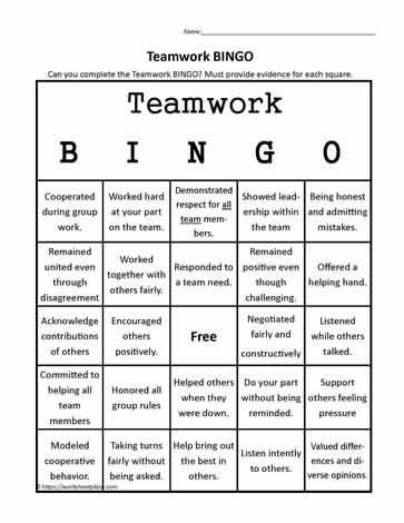 Work Bingo Ideas, Team Acknowledgement, Team Building Bingo, Teamwork Worksheets, Work Bingo, Behavior Bingo, Conflict Resolution Worksheet, Teamwork Activities, Preschool Director