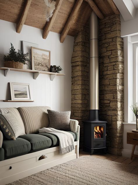 Log Burner In Corner, Corner Log Burner Living Rooms, Free Standing Stove Living Rooms, Wood Stove In Fireplace Opening, Tiny Fireplace, Wood Burning Stove Ideas, Stone Cottage Homes, Fireplace Apartment, Small Tv Room