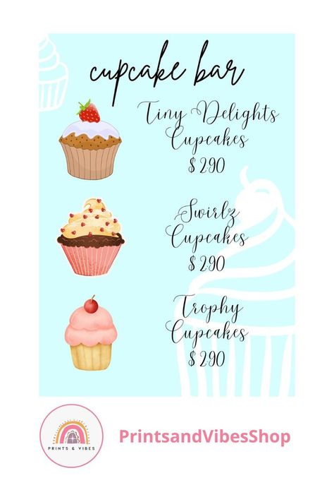 Editable Cupcake Sign Template, Cupcake Table Sign, Cupcake Menu Sign, Birthday Cupcake Menu, Dessert Menu Printable Trophy Cupcakes, Cupcake Sign, Cupcake Template, Cupcake Signs, Cupcake Table, Menu Sign, Menu Printable, Desserts Menu, Cake Bars