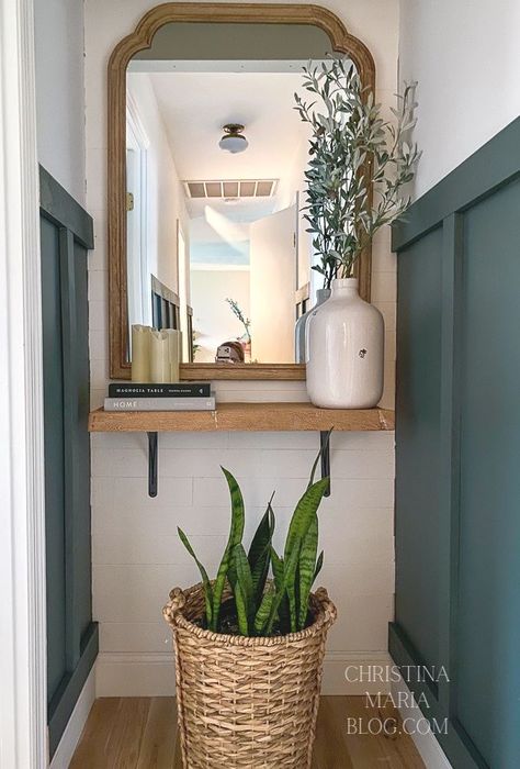 Corner Decorating Ideas Hallway, End Of Corridor Decor, Hallway Mirror With Shelf, Mirror In Small Hallway, Corridor End Wall Design, Short Hallway Decorating, Narrow Hallway Color Ideas, Wall Mirror Hallway, End Of Hallway Decor Mirror