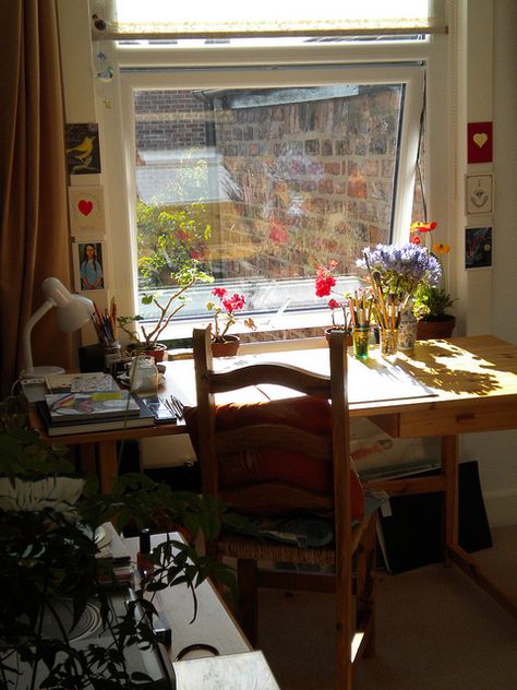 Desk By A Window, Desk By Window Bedroom, Desk Ideas Window, Desk In Front Of Window Aesthetic, Desk In Window, Desk At Window, Small Art Desk, Window Desk Ideas, Desk Against Window