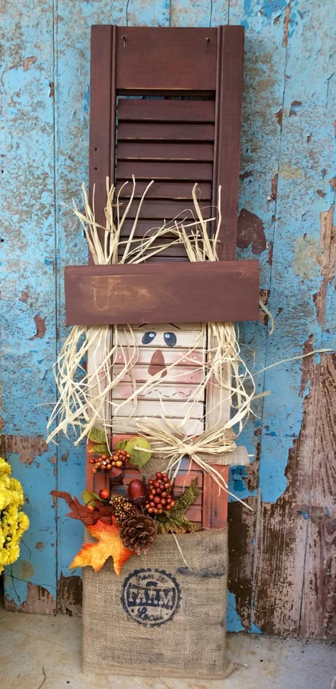 Scarecrow shutter by.Nathanael Bridges Scarecrow Made Out Of Shutters, Fall Shutter Decor, Shutter Diy Decor, Shutter Art Ideas, Halloween Shutters Diy, Shutter Scarecrow Diy, Craft With Shutters, Scarecrow Shutter Ideas, Shutter Diy Projects