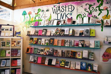 Wasted Ink Zine Distro - Home Zine Library Display, Zine Collection Storage, Zine Displays, Zine Library, Bookstore Design, Organizing Solutions, Library Art, Book Letters, Book Arts