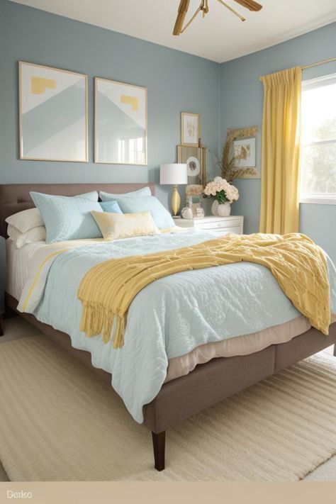 Bedroom With Blue Bedding, Yellow Blue Bedroom, Light Yellow Bedrooms, Blue And Yellow Bedroom, Yellow Girls Bedroom, Guest Bedroom Colors, Flamingo Room, Mom Bedroom, Light Blue Bedroom