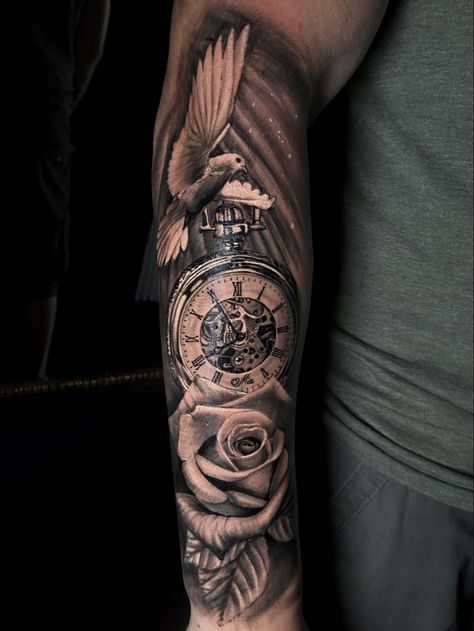 Pocketwatch, Rose, Dove Tattoo Design Rose Dove Tattoo, Rose And Watch Tattoo, Rose Clock Tattoo Design, Pocket Watch Tattoo Design, Watch Tattoo Design, Dove Tattoo Design, Rose Clock, Dove Tattoo, Watch Tattoo