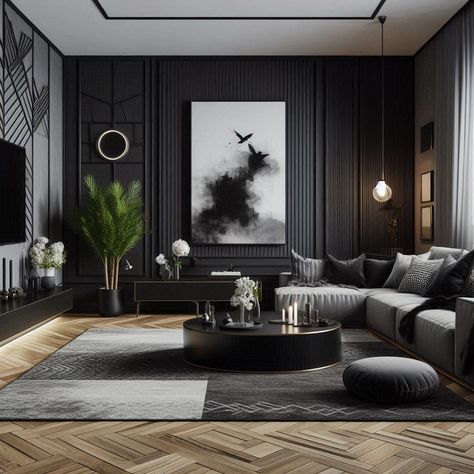 Black and Grey Living Room Sleek Black Accent Wall Black Grey Living Room Ideas, Black Walls In House, Grey Walls With Black Accent Wall, Lounge Room Feature Wall Ideas, Black Wall Accent Living Room, Black Lounge Styling, Black Wall Aesthetic, Black Theme House, Dark Wall Design