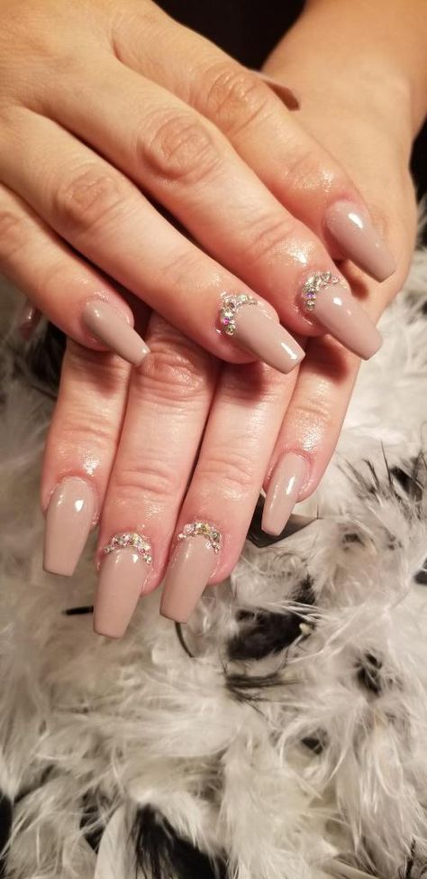 Nude Nails With Crystals, Nude With Rhinestone Nails, Nude Nail Designs With Rhinestones, Wedding Nails For Bride Coffin, Neutral Nails With Rhinestones, Nails With Stones Rhinestones, Nail Art Designs With Stones, White Nail Acrylic, Fall Wedding Nails For Bride