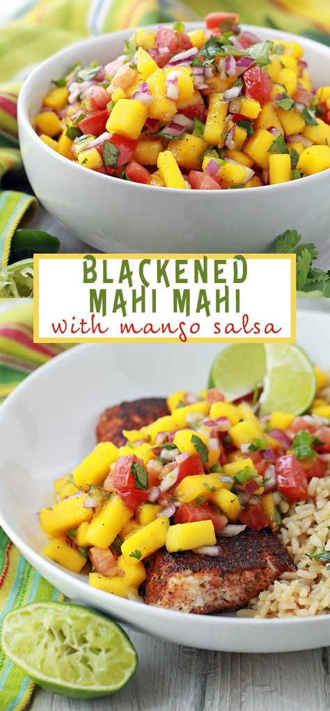 Blackened Mahi Mahi with Mango Salsa - Peanut Butter and Fitness Mahi Mahi Recipes With Mango Salsa, Mango Salsa Fish Recipes, Meals With Mango Salsa, Salsas For Fish, Blackened Fish With Mango Salsa, Fish Taco With Mango Salsa Recipe, Mahi Mahi Lunch Ideas, Mahi Mahi Recipes Blackened, Fish Mango Salsa