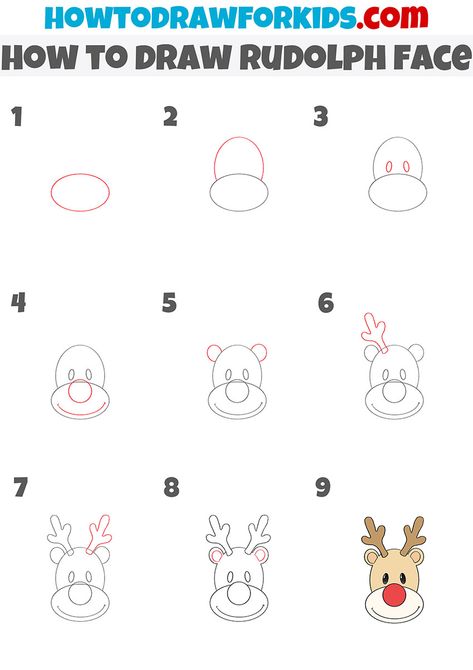 Rudolph Drawing Easy, How To Draw Rudolph Step By Step, How To Draw Rudolph, Rudolph Sketch, Christmas Tree Drawing Easy, Face Step By Step, Reindeer Drawing, Jar Painting, Easy Christmas Drawings