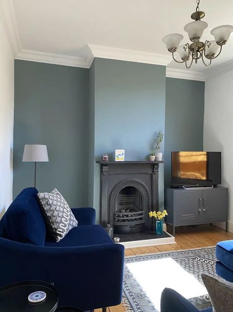 Lick Blue Paint, Lick Paint Living Room, Lounge Paint Colours, Teal Family Room, Teal Walls Living Room, Duck Egg Blue Living Room, Teal Living Room Ideas, Fabulous Living Room Decor, Grey Paint Living Room