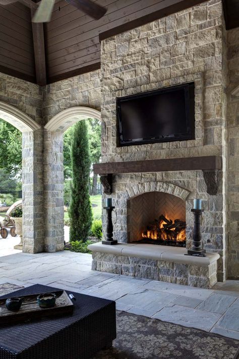 Electric Fireplace With Brick Hearth, Outdoor Pergola Fireplace, Outdoor Fireplace Against House, Stone Fireplace Floor To Ceiling Rustic, French Country Fireplace Ideas, Cleaning Fireplace, Fireplace Cleaning, Feature Fireplace, Fireplace Installation