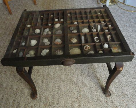 Rock Display Table, Shadow Box Table Ideas, Shadow Box Table, Shadow Box Coffee Table, Rock Display, Military Coins, Printers Drawer, Box Table, Printers Tray