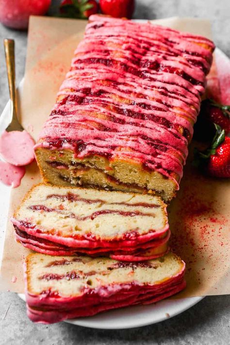 Strawberry Pound Cake Recipe Rose Pound Cake, Strawberry Pound Cake Recipes, Strawberry Pound Cake Recipe, Tuesday Recipes, Tube Cake Pan, Strawberry Pound Cake, Strawberry Whipped Cream, Strawberry Compote, Strawberry Glaze