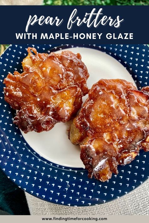 Easy Pear Fritters with Maple-Honey Glaze | A perfect fall twist on the classic apple fritter, these pear fritters are super easy, fried on the stove, and dipped in an amazing glaze. And they're ready in less than 30 minutes! Best brunch recipe ideas, how to make apple fritters, breakfast ideas. #pear #applefritters #breakfast #brunch Polish Apple Fritters, Pear Fritters Recipe, Fried Pears Recipe, Savory Pears Recipes, Pear Deserts Easy, What To Make With Pears Recipes, Fall Pear Recipes, Red Pear Recipes, Frozen Pear Recipes