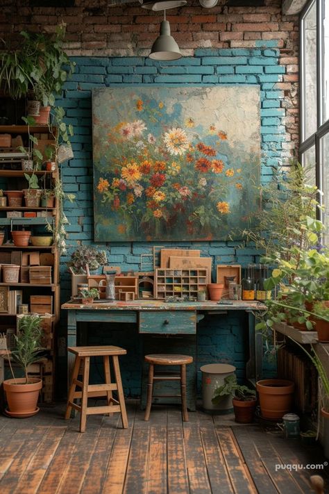 Home Art Studio Ideas for a Stylish Haven - Puqqu Bohemian Art Studio, Earthy Art Studio, Artist Workspace Creative Spaces, Art Studio Vintage, Cottagecore Art Studio, Whimsical Art Studio, Art Studios At Home, Cottage Core Art Studio, Art Corner Studio