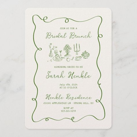 Hand Drawn Green Bridal Brunch Invitation | Zazzle Hand Drawn Wedding Invitations, Winter Bridal Showers, Bridal Brunch Invitations, Hand Drawn Wedding, Bridal Luncheon, Couples Shower Invitations, Green Wedding Invitations, Brunch Invitations, Bridal Brunch