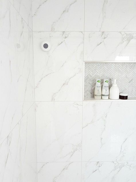 marble shower on a budget Carrera Marble Bathroom, Plain Bathroom, White Marble Shower, Marble Shower Walls, Shower On A Budget, Carrara Marble Bathroom, Marble Shower Tile, Bathroom Mosaic, Shower Remodel Diy