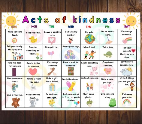 "Encourage kindness and positivity with acts of kindness calendar. 1 PDF in A4 size with acts of kindness calendar * * * * * * * * * * * * * * * * * * * * * DOWNLOADING Your files will be available for immediate download after purchase. Just go to My Account > Purchases > And then look for the \"Download\" button on the right hand side. * * * * * * * * * * * * * * * * * * * * * ABOUT THE COLORS Because every computer monitor is calibrated differently, the colors depicted on your screen may be slightly different from the actual print. * * * * * * * * * * * * * * * * * * * * * This is a digital product - No physical product will be shipped." 100 Acts Of Kindness Chart, Giving Ideas Acts Of Kindness, Rainbow Fish Kindness Activities, Acts Of Kindness Preschool Activities, Kindness Activity For Kids, Random Acts Of Kindness Ideas For School, Kindness For Preschoolers, Kindness Activities For Kids Classroom, Social Activities For Kids