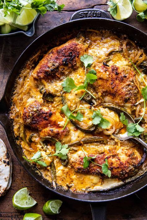 One Skillet Cheesy Green Chile Chicken | halfbakedharvest.com Half Baked Harvest Recipes, Verde Sauce, Green Chile Chicken, Cheese Chicken, Harvest Recipes, Green Chili, Half Baked, Stuffed Poblano Peppers, Half Baked Harvest